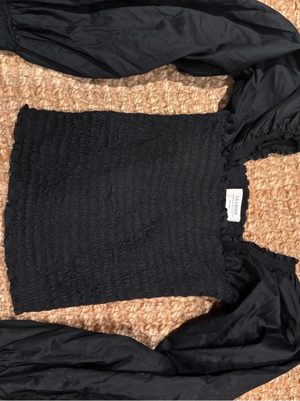 La ligne Smocked Square-Neck Puff Sleeve Top - Black - M
